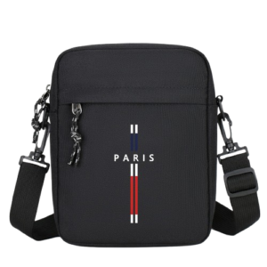 Sacoche Bandoulière Noire – Imprimé Paris & Porte-Téléphone  Design urbain : Un imprimé "Paris" élégant et intemporel pour un look décontracté mais soigné.