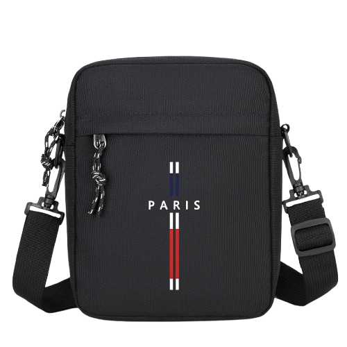 Sacoche Bandoulière Noire – Imprimé Paris & Porte-Téléphone  Design urbain : Un imprimé "Paris" élégant et intemporel pour un look décontracté mais soigné.