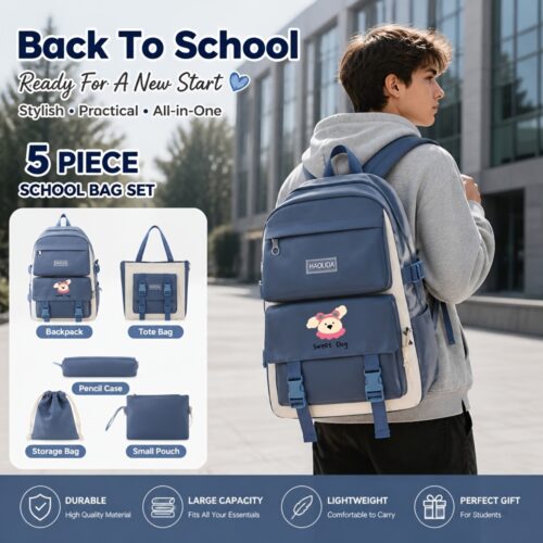 Set 5 pièces sac à dos scolaire motif chien Kawaii
