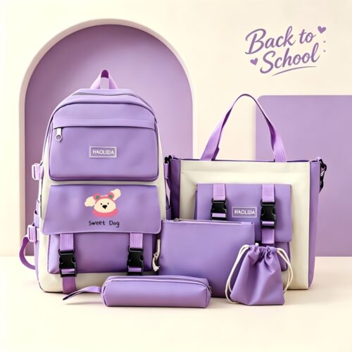 Set 5 pièces sac à dos scolaire motif chien Kawaii