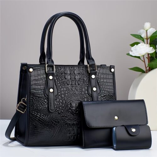 Ensemble 3 Pièces Sac à Main Motif Crocodile